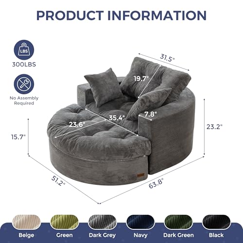 Image of MAXYOYO Modular Sectional Chaise Lounge Sofa, Round Upholstered Lounge Chair with Ottoman, Comfy Couch with Layered Cushion, Tufted Sleeper Chair for Living Room, No Assembly, Dark Grey
