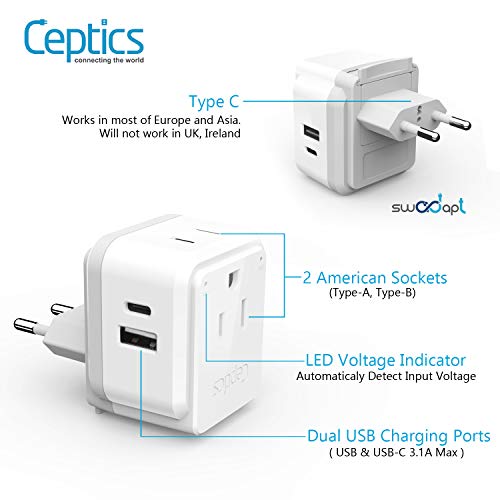 Image of Ceptics Travel Adapter India to International Power Plug Adapter Travel Set, 20W PD & QC, Dual USB & USB-C 3.1A - 2 USA Outlet - Compact - Use Anywhere in The World - Includes 13 attachments