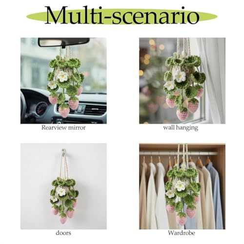 Image of Crochet Car Air Freshener Hanging, Cute Hanging Plant for Cars, Crochet Strawberry Plant with 10ml Empty Refillable Oil Diffuser Bottle, Handmade Boho Car Ornament Charms for Rear View Mirror, Pink
