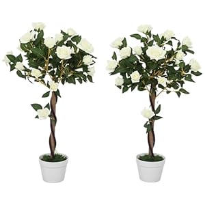 Outsunny 3FT Artificial Rose Tree Set of 2 with Natural Wood Trunk and Realistic Flowers, UV-Resistant Fake Plant with Pot, Fake Tree for Outdoor Indoor Home Office Decor, White