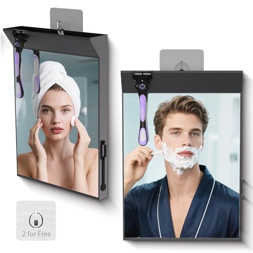 Image of Wall Mount Anti Fog Mirror for Shower,Large Black Mirror for Bathroom,Hot Water Powered Defogging Shower Mirrors for Shaving for Women Makeup,Heated Makeup Mirror Hanging with Hook