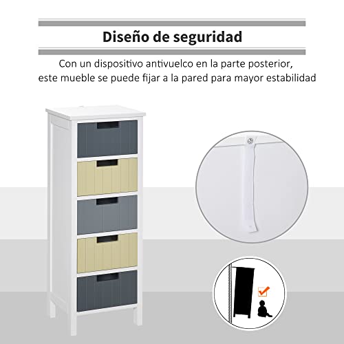 HOMCOM Cómoda de Madera con 5 Cajones Cajonera Auxiliar de Almacenaje con Patas Elevadas Estilo Moderno para Dormitorio Salón Baño 35x28x90,5 cm Multicolor - imagen 6