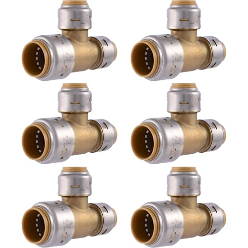 Image of SharkBite Max 3 /4 Inch x 1 /2 Inch x 1 /2 Inch Reducing Slip Tee, Pack of 6, Push To Connect Brass Plumbing Fitting, PEX Pipe, Copper, CPVC, PE-RT, HDPE, UR454