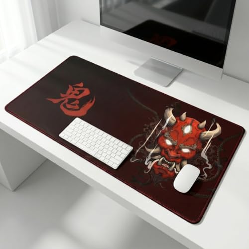 Image of Extended Desk Mat 458 x 915 mm | Premium Abstract Purple Desk Mat with Stitched Edges | 3mm Thick Non-Slip Desk Pad for Gaming, Office & Workstation (Oni - Red)