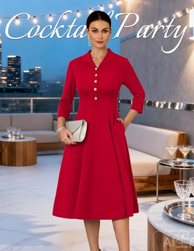 DRESSTELLS Cocktail Dresses for Women, Vintage Modest Wedding Guest 3/4 Sleeves Party Retro Prom Church 50s Aline Formal Evening Bridesmaid 50s Dresses 2026 Red M — view 3