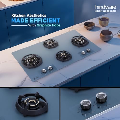 Image of Hindware Graphite 4B 86CM Built in Hob With Flame Failure Device | Matt Grey Frost Glass with Coated SS Strips | Silver Metallic Finish & Jet Black Knobs | Stainless Steel Automatic Hob