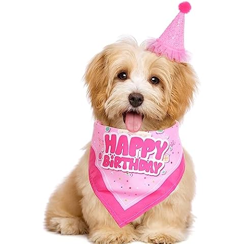 Pistha Dog Birthday Party Bandana Hat Set Dog Birthday Bandana Scarf and Dog Birthday Hat with Number for Dog Pet Birthday Party (Pink Scarf & Hat) Cover