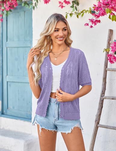 Image of Yekaty Womens 2026 Short Sleeve Crochet Summer Cardigan Cropped Button Sweater Lightweight Shrug for Dress