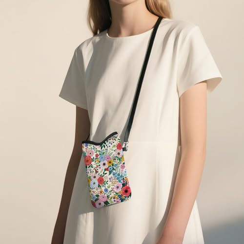 Image of Cell Phone Sleeve Pouch Case Bag with Crossbody Strap Neck Lanyard for Women Girls, Colorful Flower Floral Cell Phone Crossbody Bag 7.1x3.9 Inch