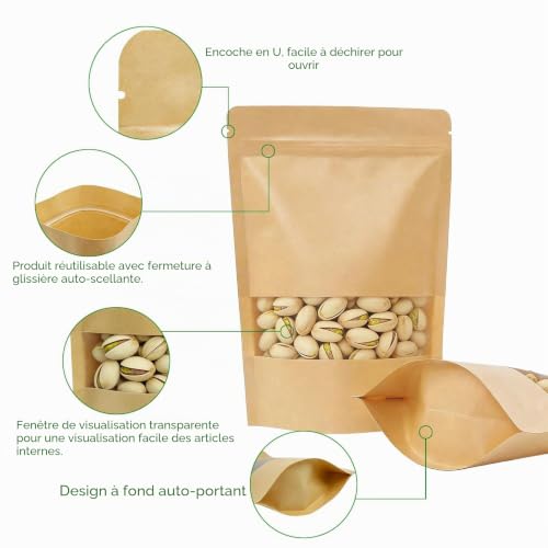 Ezitruz Sachet Kraft Alimentaire, 65 Pièces Sachet Kraft Fenetre 9x14 cm Emballage Pochette Réutilisables Sac Papier Alimentaire Refermables pour Noix Snacks Bonbons Grains de Café – vue 6