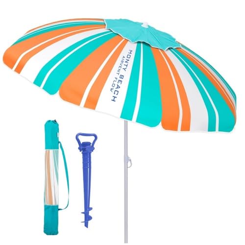 LOLAhome Sombrilla playa 220 cm y soporte arena, protección UV+50, sombrilla antiviento, varillas flexibles fibra vidrio, techo ventilación, mástil inclinable y regulable altura, bolsa transporte