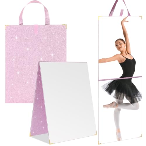 Colingmill Frameless Backstage Mirror with Handle 33.5 x 13.5 Inch Glitter Foldable Hanging Mirror Rectangular for Travel Dance Bag Home Fitness Spa Gift for Dancers(Purple)