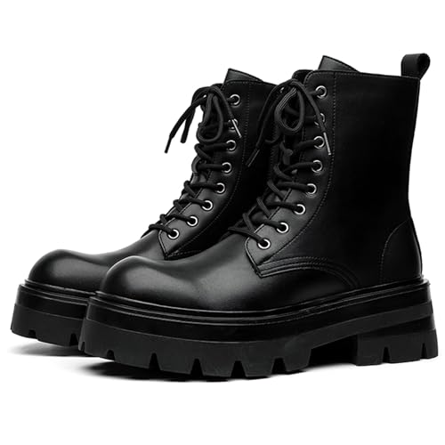 Men's Black Leather Lace-up Platform Combat Boots Retro Round Toe Side Zipper Chunky Heel Lug Sole Comfort Non-Slip High Top Biker Ankle Boot