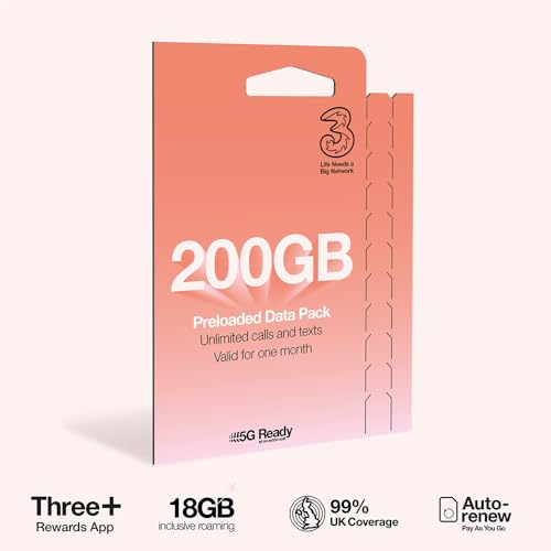 Carte SIM Three Mobile PAYG Voice 200 Go internet sans abonnement pour connexion instantanée