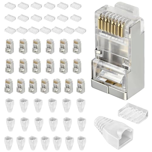 Dewlawn Lot de 20 Connecteur RJ45 8P8C Cat7/Cat6A Pass Through Blindé, Prise RJ45 Male 10Gbps, Fiche Réseau Pass Through pour Câble d'Installation avec Barre et Embouts de Protection