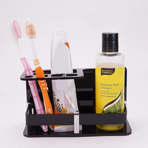 Image of Wall Mounted self Adhesive Acrylic Tooth Brush Holder /Toothpaste Holder Stand Tumbler,Toothpaste Stand for Bathroom Organizer Rack for Home (E Light Black, Acrylic)