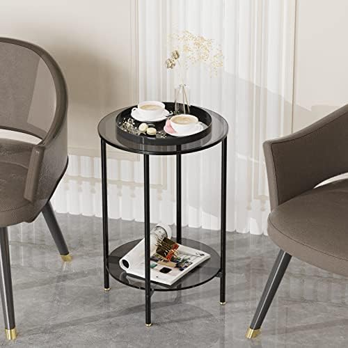 Artloge Glass Round Side Table Small: 2 Tier Modern Accent Tables Circle Diameter 40cm Slim Bedside Tables Gray Tinted Tempered Glass Top with Black Metal Frame for Living Room Reception Decor