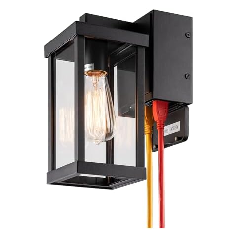 mirrea 11" Classic Outdoor Wall Sconce with Built-in GFCI Outlet 1 Light in Matte Black Rectangular Metal Frame and Clear Glass Shade Waterproof Porch Light Patio Light Cover