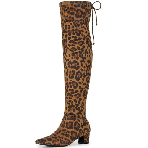 Perphy Square Toe Comfy Thigh High Boots Stretch Over the Knee Leopard Boots for Women 9 M US