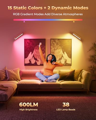 Image of PopoIron Rechargeable LED Wall Sconces Set of Two,Wall Lights for Bedroom with Remote Control and Touch,360 Magnetic Rotation,3 Colors Dimmable Brightness Wood Wall Lamps with 15 RGB Colors,2 Pack