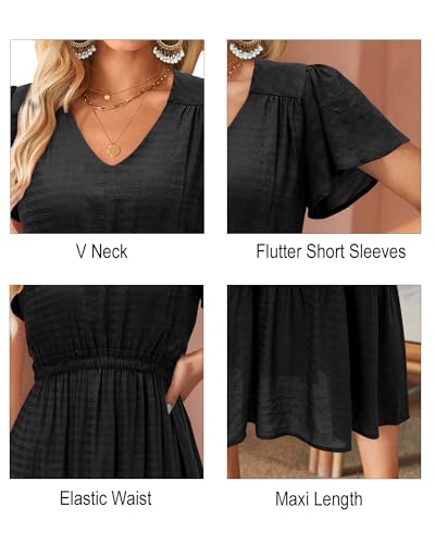 Image of VOTEPRETTY Women's 2026 Summer Boho Maxi Dresses Flutter Short Sleeve V Neck Casual Beach Wedding Guest Vacation Long Dress