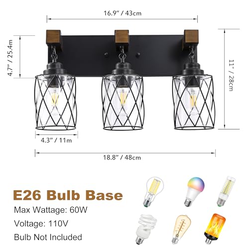 Image of Farmhouse Bathroom Light Fixtures, 3 Light Bathroom Vanity Light with Metal and Glass Lampshade, Wood Rustic Lighting Fixtures Over Mirror, Black Wall Sconces for Living Room, Bedroom