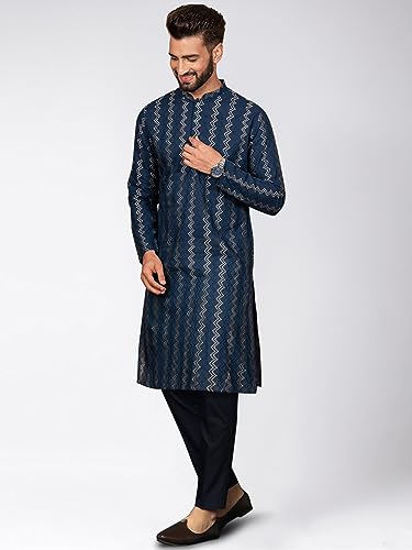 Men's Kurta – Textured Cotton Blend Tunic with Mandarin Collar, Regular Fit – Indian Wedding Outfit for Men – Festive Wear for Diwali, Eid & Celebrations, Navy Blue, 403