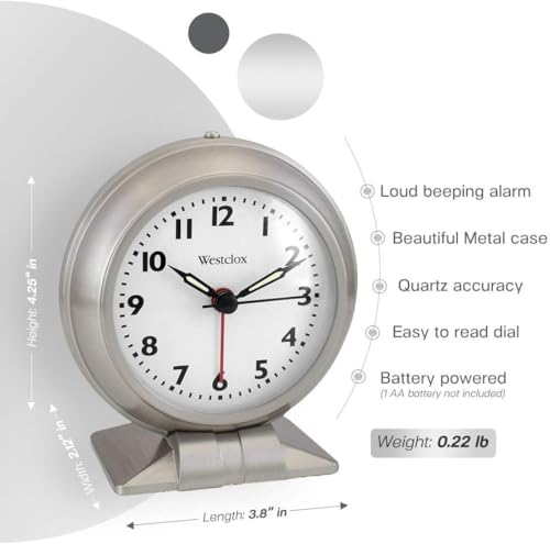 Image of Westclox Classic Alarm Clock - Silver Finish, 4.75W x 5.5H Analog Display, Battery-Powered, Glass Lens, Easy-Read Numbers, Real-Bell Style Alarm, Vintage Look