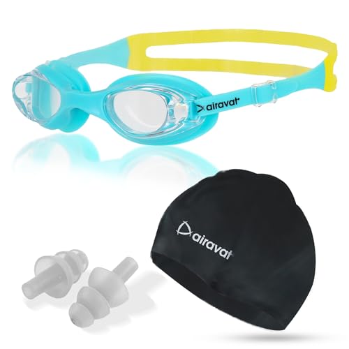 Image of AIRAVAT Hydro 0027 Swimming kit, Swimming Set With Swimming Goggle Nose & Ear Plug And Swim Cap | Optic Quality Poly carbonate Lenses, 100% UV Protection Anti-fog Coated, Ultra Durable (Cyan)