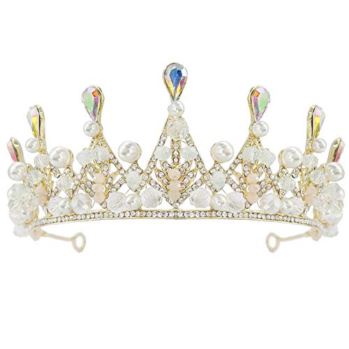 TOCESS Gold Tiara Baroque Crown Queen Princess Vintage Tiara and Crowns for Women Bride, Pearl Tiara Beads Pageant Crown Crystal Glamorous for Wedding Prom Show Valentine's Day