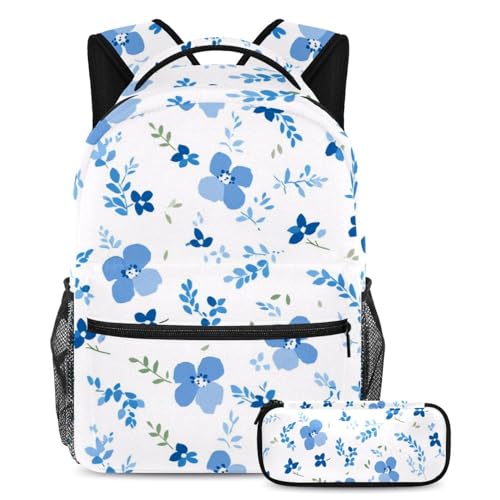 Sac à dos école avec trousse motif floral bleu pour fille et garçon