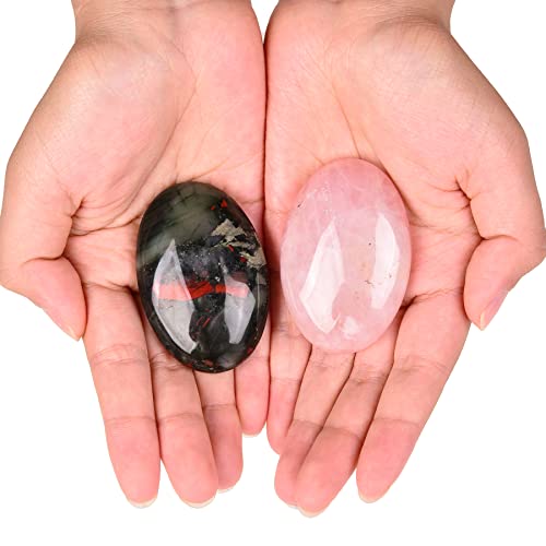 AMOYSTONE 2Pcs Oval Worry Stones African Bloodstone & Rose Quartz Pocket Healing Crystal Massage Stone 2"