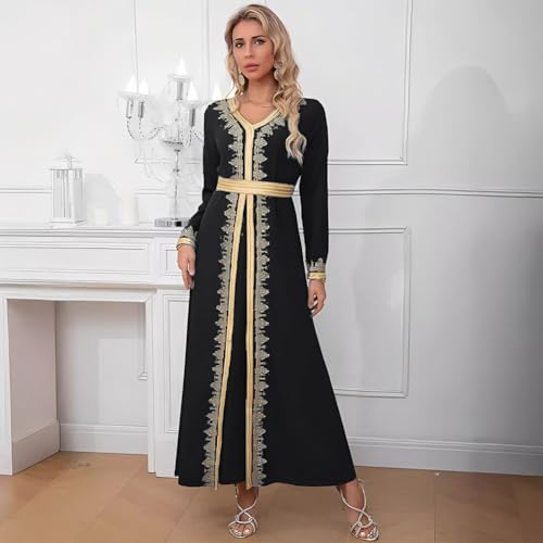 Image of FYMNSI Women Muslim Abaya Dress Islamic Dubai Modest Lace Belted Dress Abayas Kaftan Eid Prayer Clothes Arabian Maxi Robe