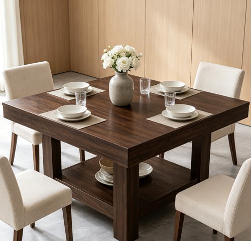 Image of Garvee Square Dining Table for 4-6, 47.2 inch Kitchen Table with 2-Tier Storage Shelf, Modern Black Walnut Waterproof Dining Room Table, Heavy Duty 350Lbs Capacity with Anti-Wobble Triangle Legs