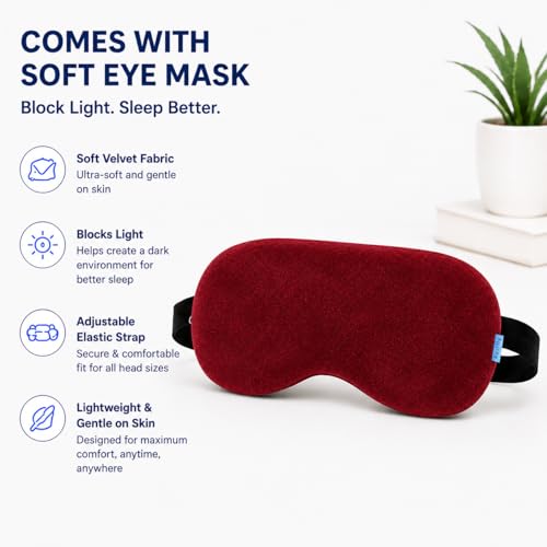 Image of Restify Premium Memory Foam Travel Neck Pillow with Eye Mask | Soft Velvet U Shape Neck Support Cushion for Flight, Airplane, Car & Office Travel | Portable Pillow for Men & Women | Maroon