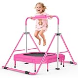 Safly Fun Gymnastics Bar with Trampoline for Kids 3-9, Foldable & Adjustable 35'-51',...