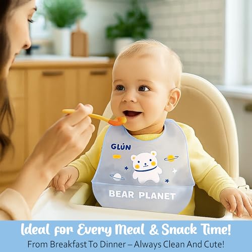 Image of GLUN 1 Soft Feeding Spoon & 1 Piece Bibs Combo, Cute Bear Print Bib with Carry Bowl for Growing Champs, Easily Wipes Clean, Less Time Cleaning after Meals for Babies