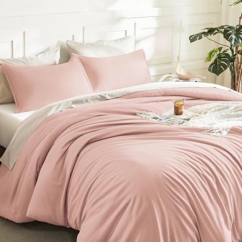 Image of Litanika Pink Comforter Set King Size, 3 Pieces Blush Plain Bedding Comforter Set, All Season Bed Set (90x90In Comforter & 2 Pillowcases)