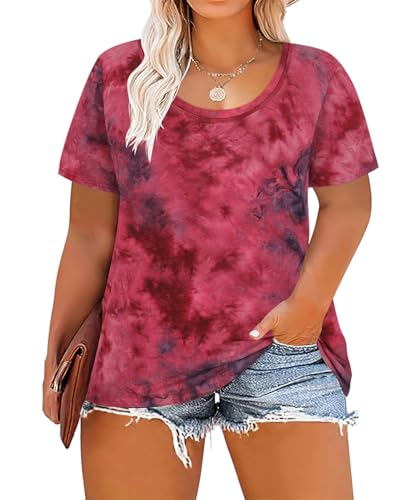 Image of CARCOS Plus Size Tops for Women Short Sleeve Shirt Summer Star /Leopard /Tie Dye /Flower Crewneck Pullover Tunic XL-5XL