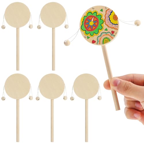 Gatuida 6-Piece DIY Rattle Drum Set, Unfinished Wooden Shaking Drum Toy for Kids, Khaki, 6.69 x 2.36 x 0.59 Inches