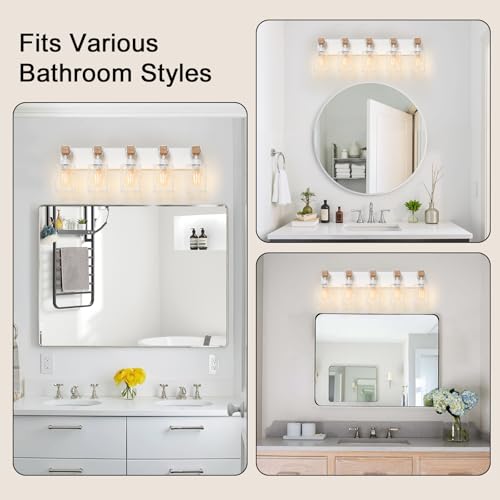 Image of IZORRO Farmhouse Bathroom Vanity Light, 5-Light Wood Bathroom Light Fixtures Over Mirror, Matte White Industrial Vanity Lights with Metal Shade, Rustic Restroom Lighting Fixtures