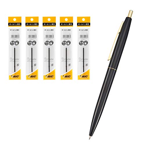 ビック(Bic) ボールペン クリックゴールド 0.5 油性 黒 なめらか 黒軸 替芯 5本セット CLG05-BLKRF5