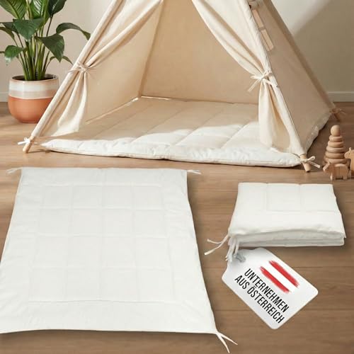 LIONHERZ® Tipi-Matte mit Bänder 120x120cm | gepolsterte Bodendecke für Spielzelt/Spielhaus| weiche quadratische Spieldecke für Kinder| abgesteppte Einlage/Unterlage zum Binden (Bright White)