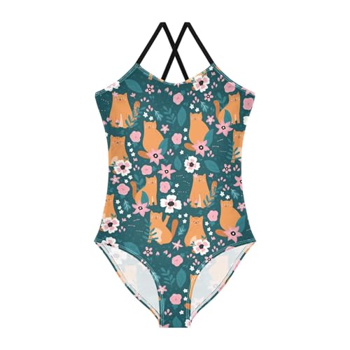 Girls One Piece Swimsuits Cute Orange Cats Flowers Bathing Suit for Girls Kids Swimwear 5t Size 6