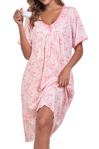Image of AVIIER Nightgows for Women Soft Cotton Night Shirts Short Sleeve Sleepwear with Pockets