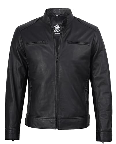 Image of fjackets Mens Leather Jacket - Real Lambskin Cafe Racer Jacket Stand Collar Moto Biker Zip Jacket For Men