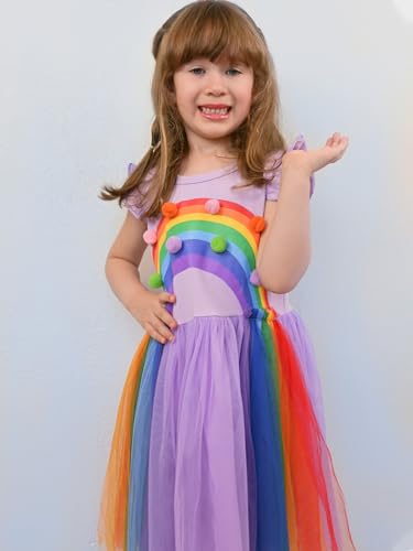 Vieille Toddler Girl Rainbow Dress Purple 3T Girl Birthday Dresses Flutter Sleeve Back to School Dress 4T — view 3
