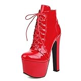  SHEMEE Damen Extrem High Heels Plateau Stiefeletten Lack Ankle Boots mit Schnürung 16cm Absatz Sexy Schuhe(Rot,43)