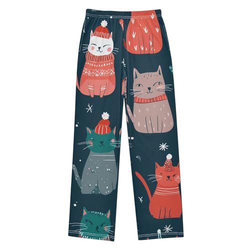 Cat Xmas Snowflake Boys Long Pants Soft Trousers Elastic Waist Kids Lounge Bottoms with Pockets S-XL