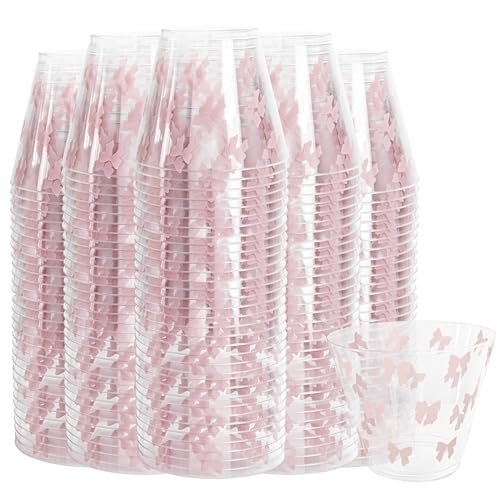 I00000 200 Pcs 9 oz Clear Plastic Cups with Pink Bow, Clear Disposable Cups Wine Glasses Cocktail Glasses Premium Cup Perfect for Wedding, Birthday, Party & Christmas
